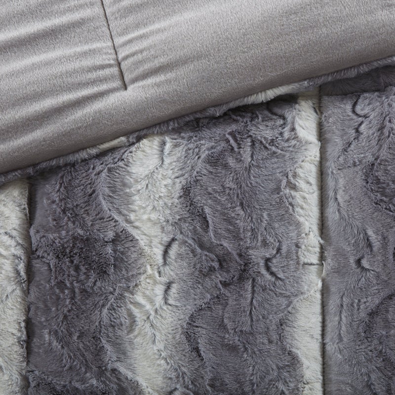 Madison Park Zuri Soft Plush Comforter Set, Faux Fur Animal Stripes Design, Faux Mink On The Reverse, Modern All Season Bedding Set with Matching Sham, King, Grey 4 Piece - Image 4